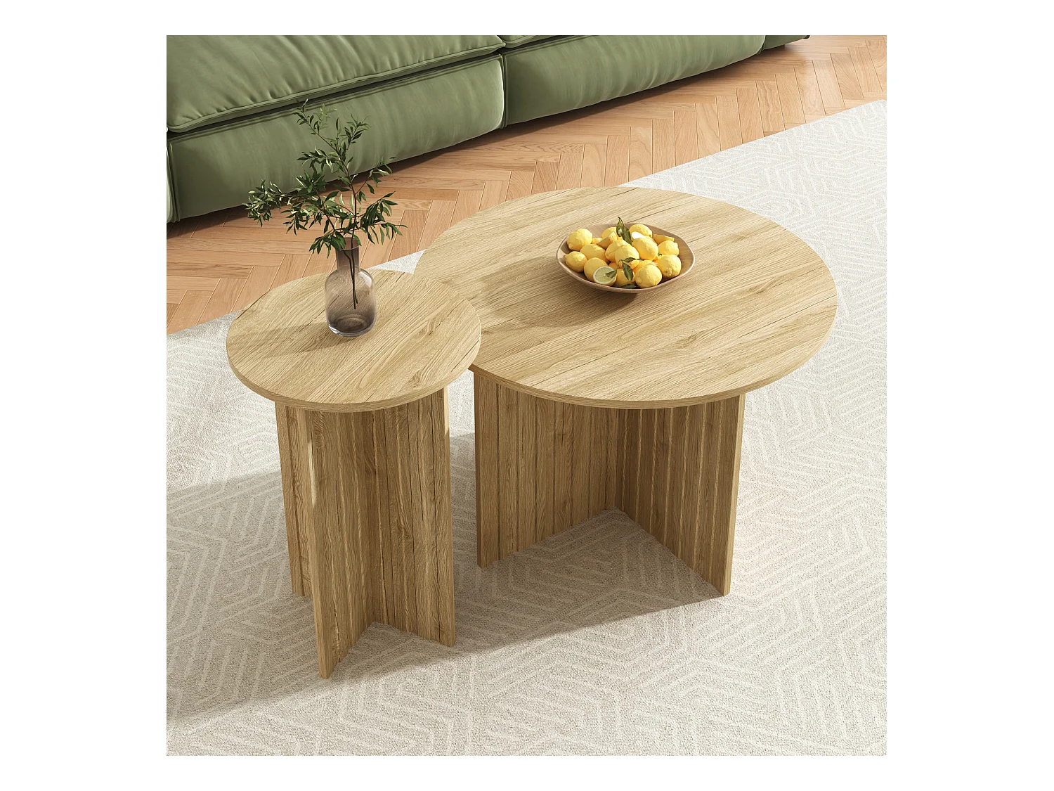 Ensemble de 2 tables gigognes rondes en bois, style scandinave moderne, peu encombrantes et polyvalentes, tables basses robustes en MDF/PB