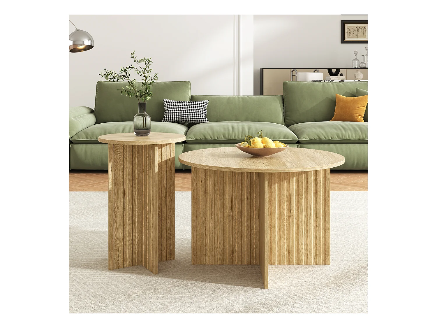 Set di 2 tavolini rotondi in legno impilabili, stile scandinavo moderno, salvaspazio e versatili, robusti tavolini da caffè in MDF/PB