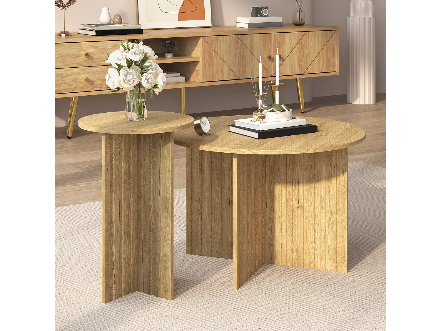 Conjunto de 2 mesas redondas de madeira, estilo escandinavo moderno, economizadoras de espaço e versáteis, mesas de centro resistentes em MDF/PB