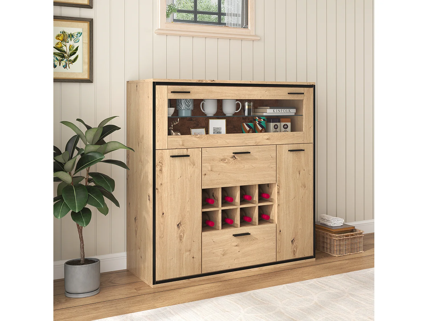 Buffet - 2 Portes - Casier À Vin - Éclairage LED 16 Couleurs - 110 x 38 x 111 cm En Panneau de Particules - Naturel+Noir