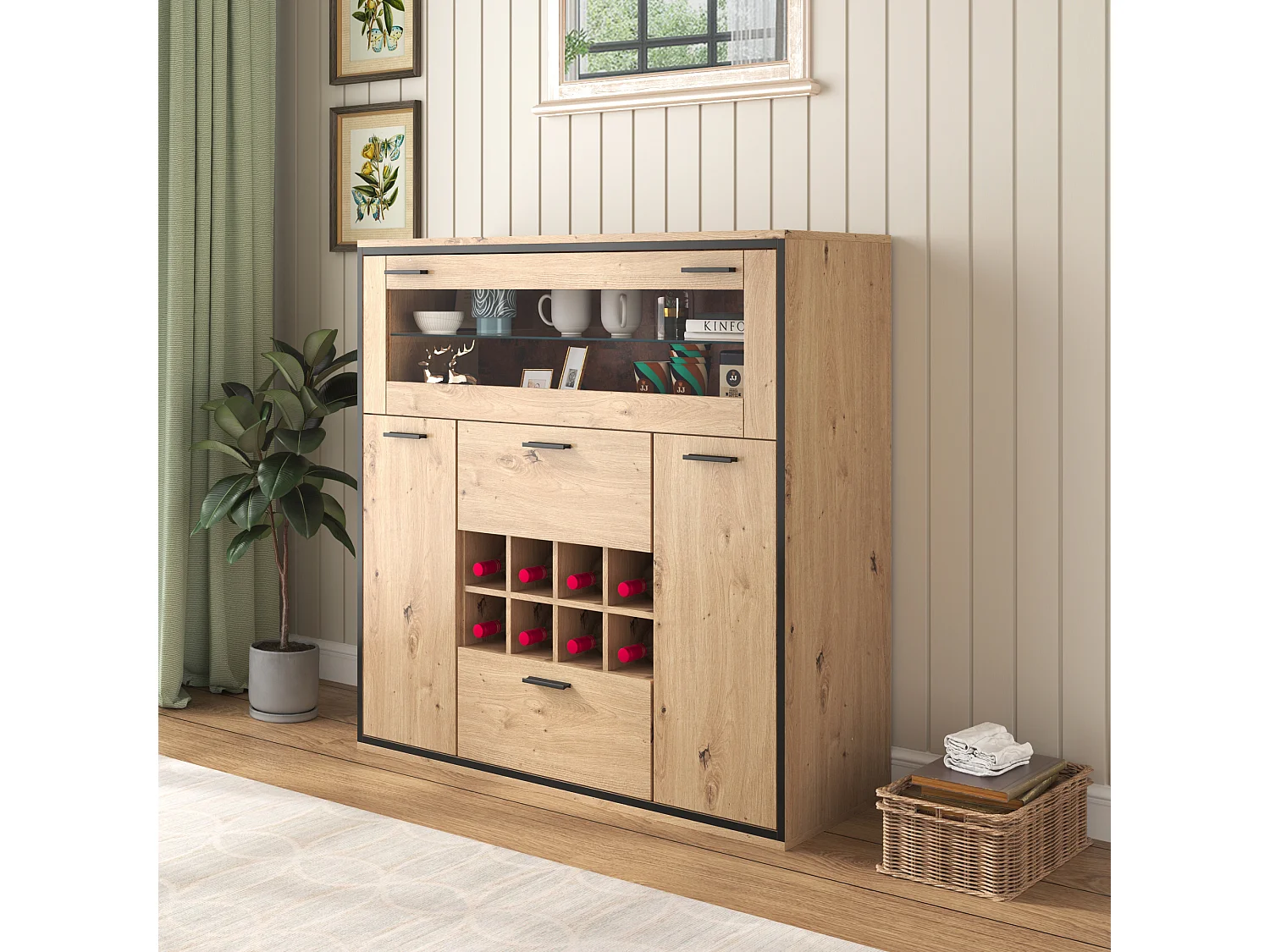 Buffet - 2 Portes - Casier À Vin - Éclairage LED 16 Couleurs - 110 x 38 x 111 cm En Panneau de Particules - Naturel+Noir