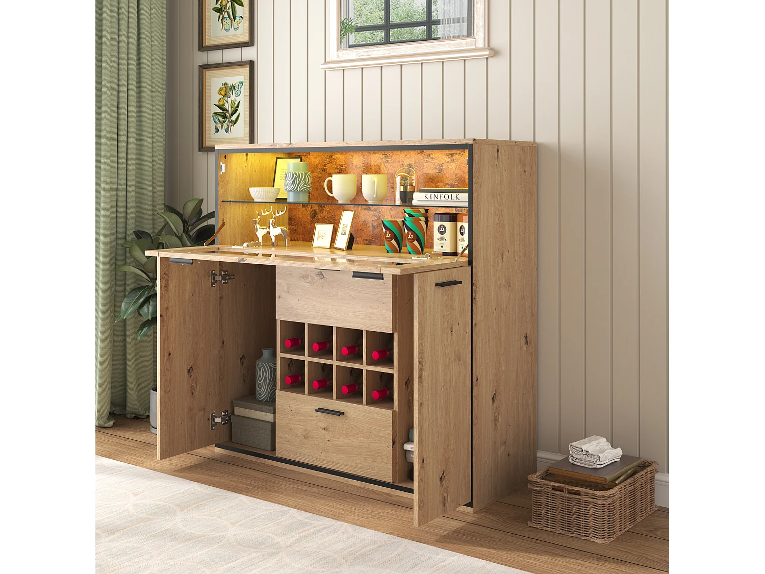 Buffet - 2 Portes - Casier À Vin - Éclairage LED 16 Couleurs - 110 x 38 x 111 cm En Panneau de Particules - Naturel+Noir