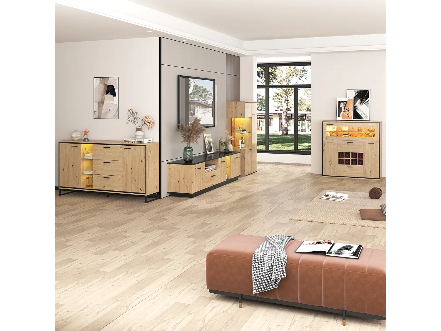 Buffet - 2 Portes - Casier À Vin - Éclairage LED 16 Couleurs - 110 x 38 x 111 cm En Panneau de Particules - Naturel+Noir