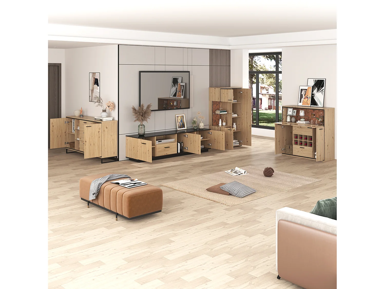 Buffet - 2 Portes - Casier À Vin - Éclairage LED 16 Couleurs - 110 x 38 x 111 cm En Panneau de Particules - Naturel+Noir