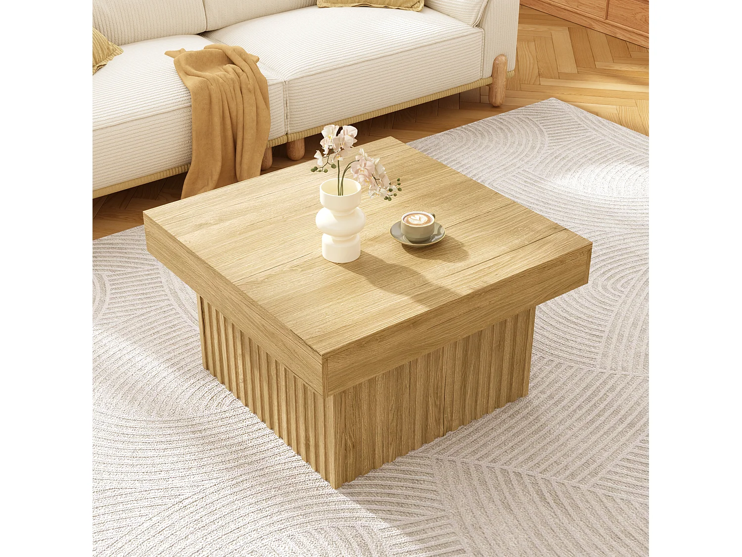 Table basse moderne en bois  79 x 79 x 46 cm, robuste et polyvalent, en PB et MDF,  naturel clair