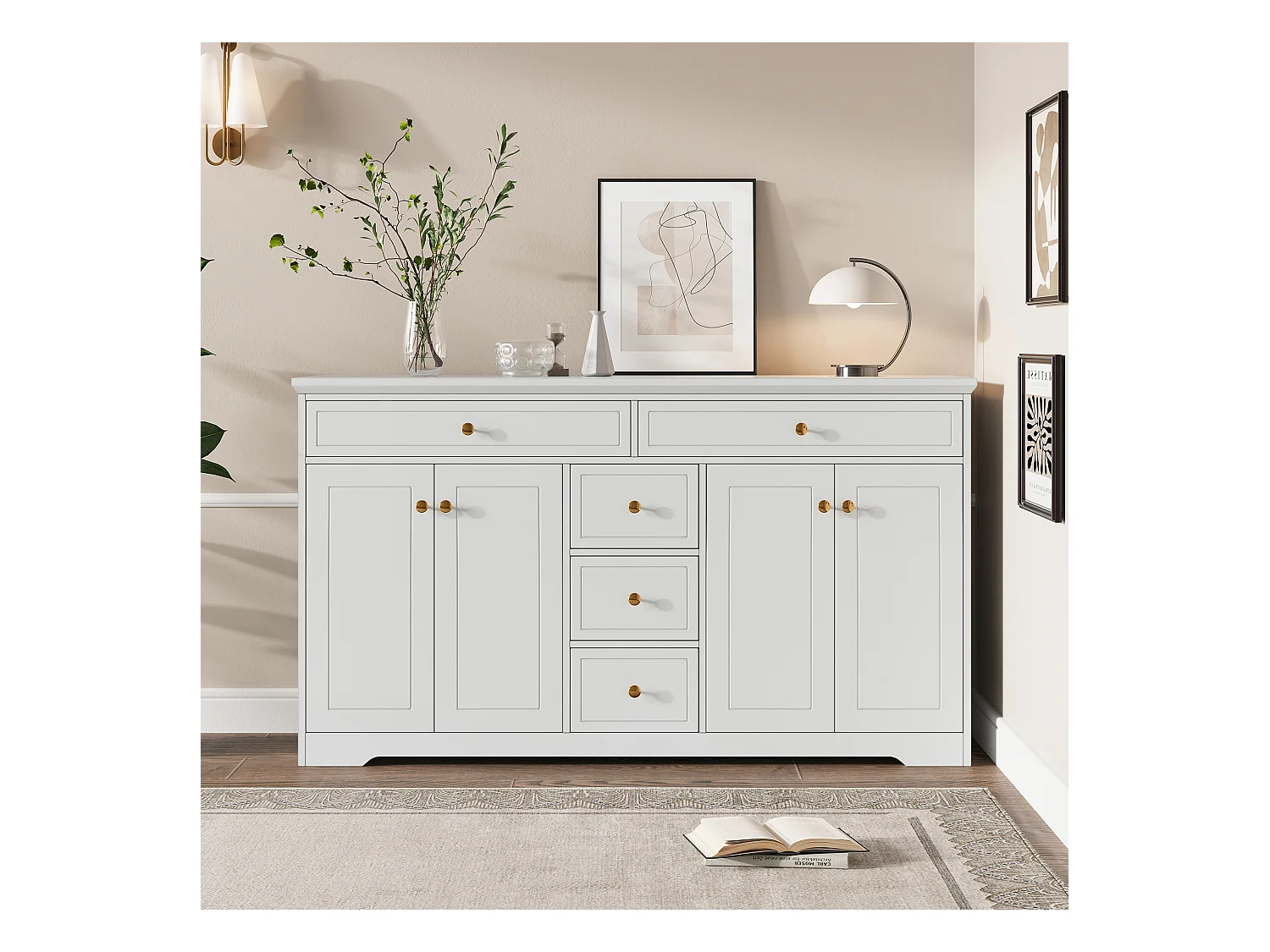 Credenza bianca con 5 cassetti e 4 ante, maniglia rotonda dorata 150x40x85cm