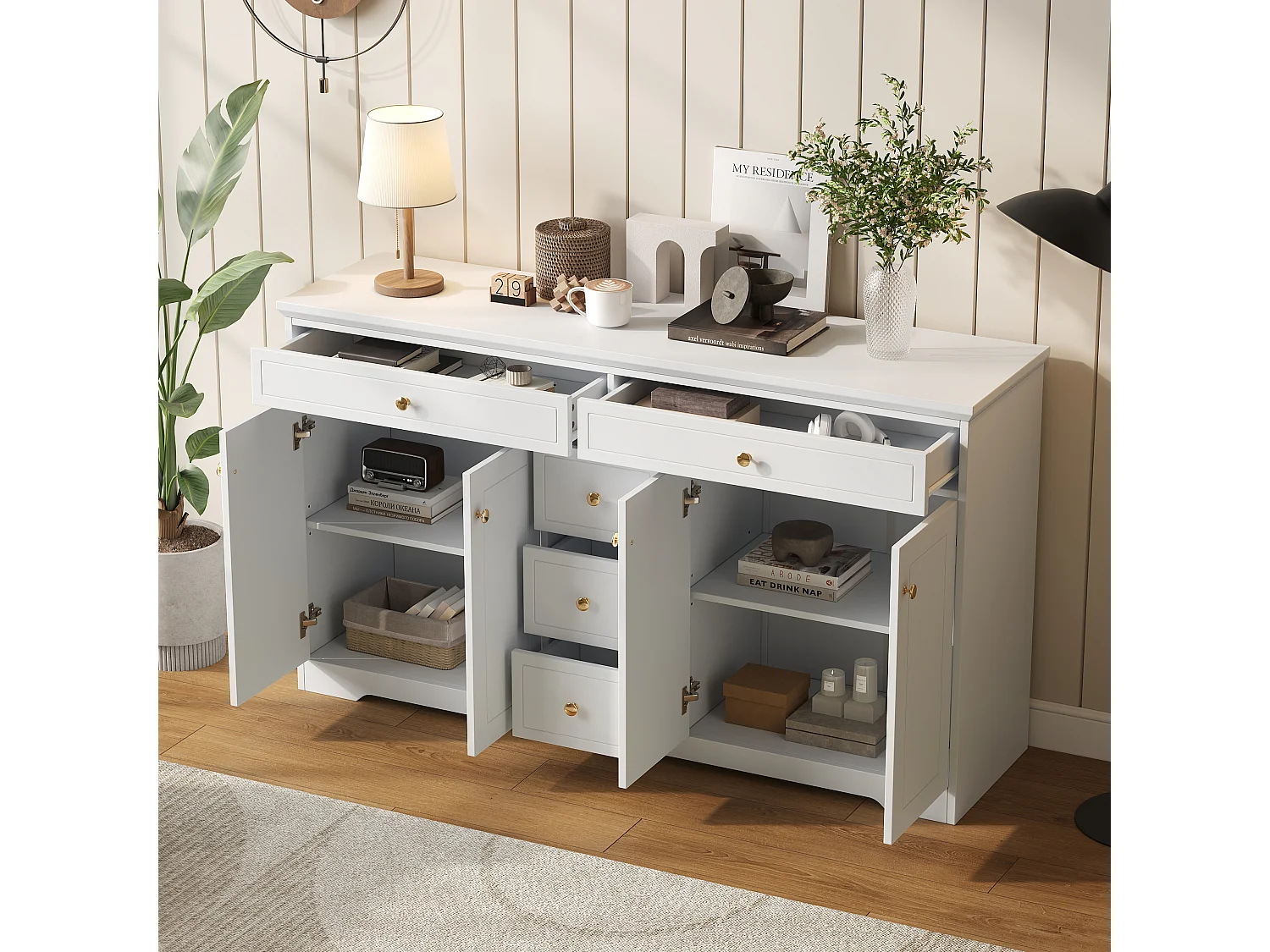 Buffet blanc avec 5 tiroirs et 4 portes, poignée ronde dorée 150x40x85cm