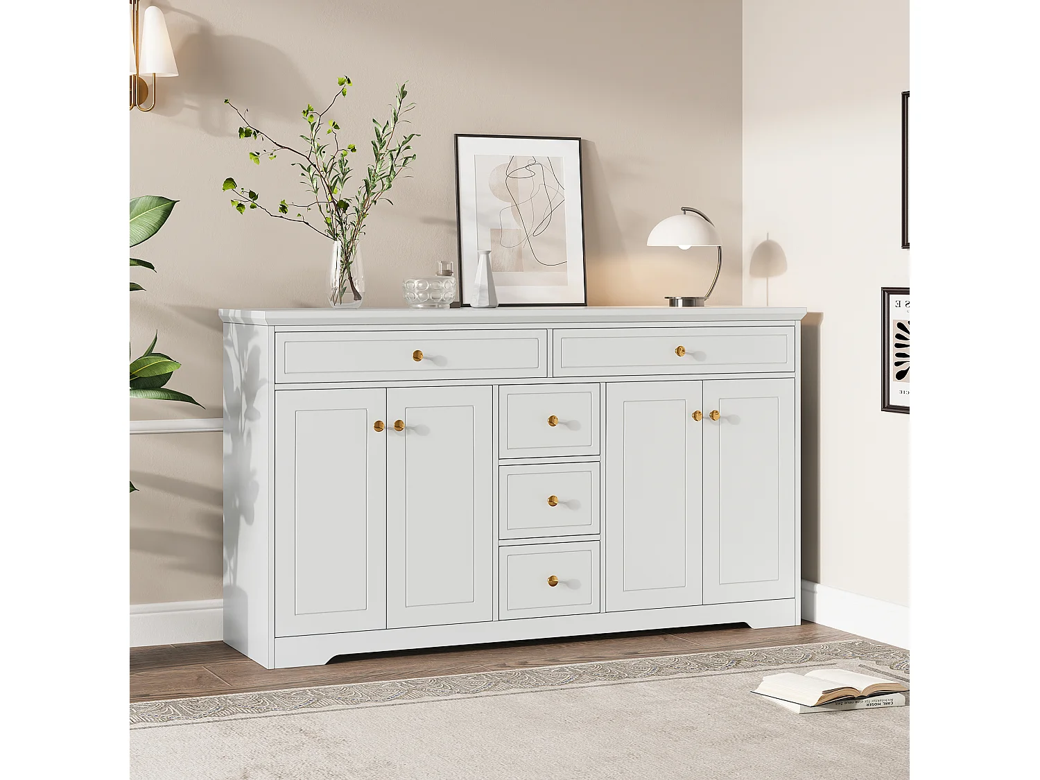 Buffet blanc avec 5 tiroirs et 4 portes, poignée ronde dorée 150x40x85cm