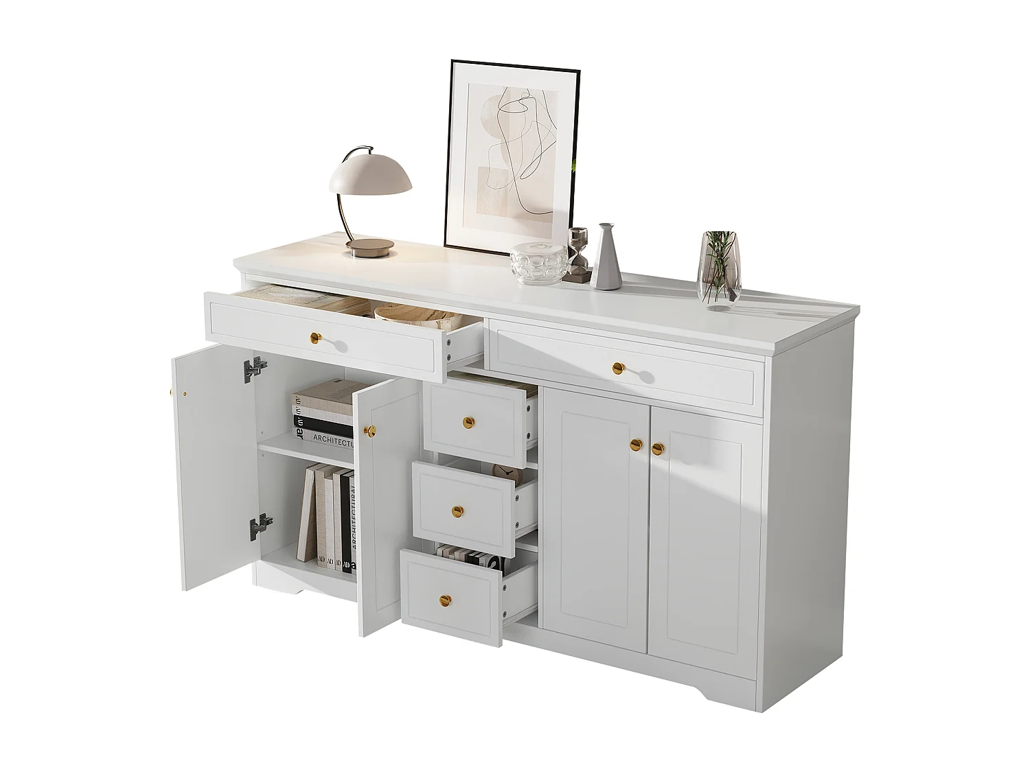Buffet blanc avec 5 tiroirs et 4 portes, poignée ronde dorée 150x40x85cm
