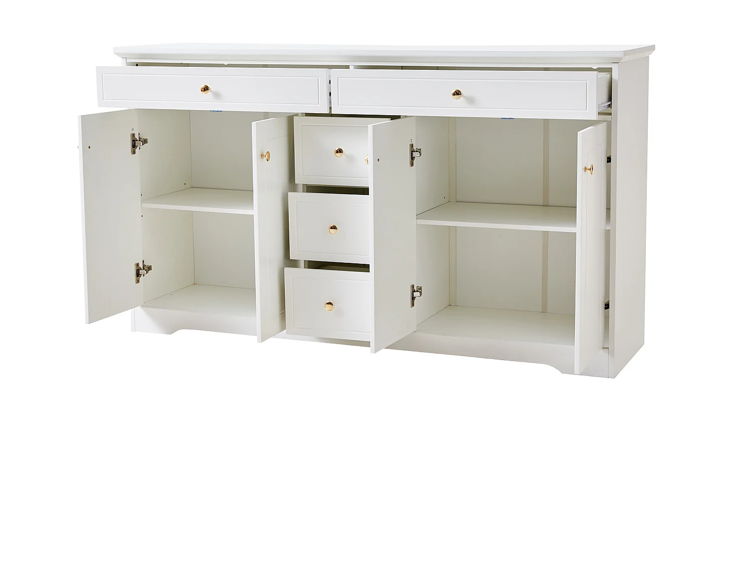 Buffet blanc avec 5 tiroirs et 4 portes, poignée ronde dorée 150x40x85cm