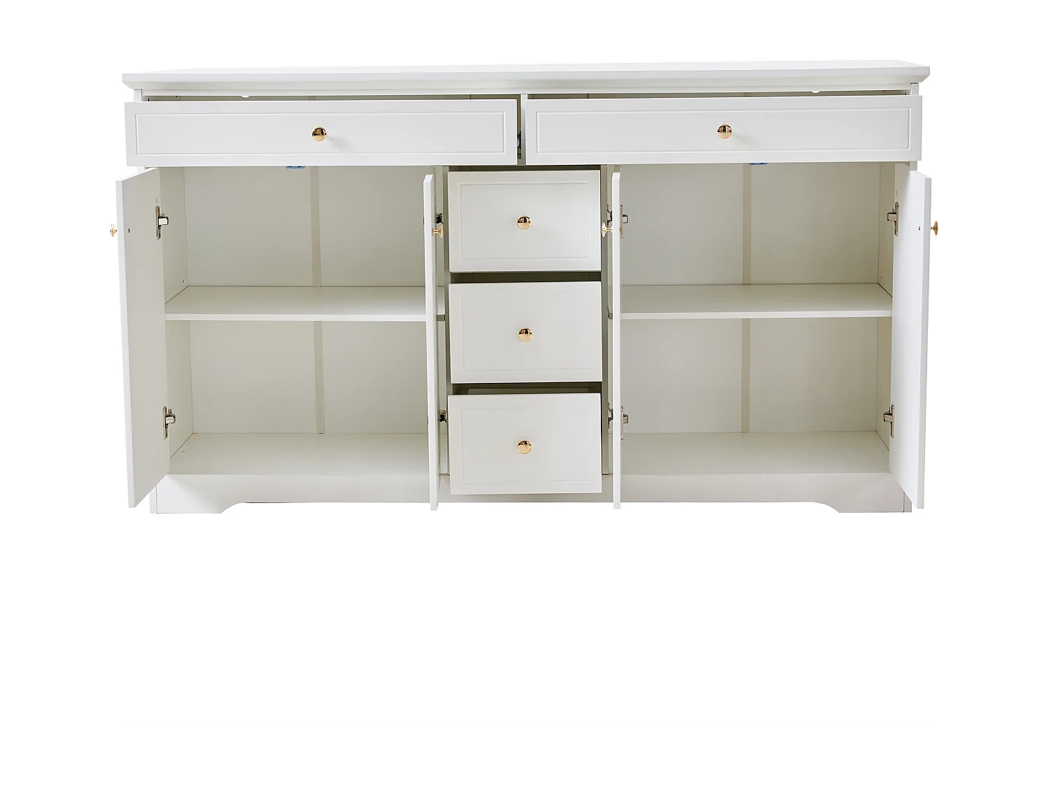 Buffet blanc avec 5 tiroirs et 4 portes, poignée ronde dorée 150x40x85cm