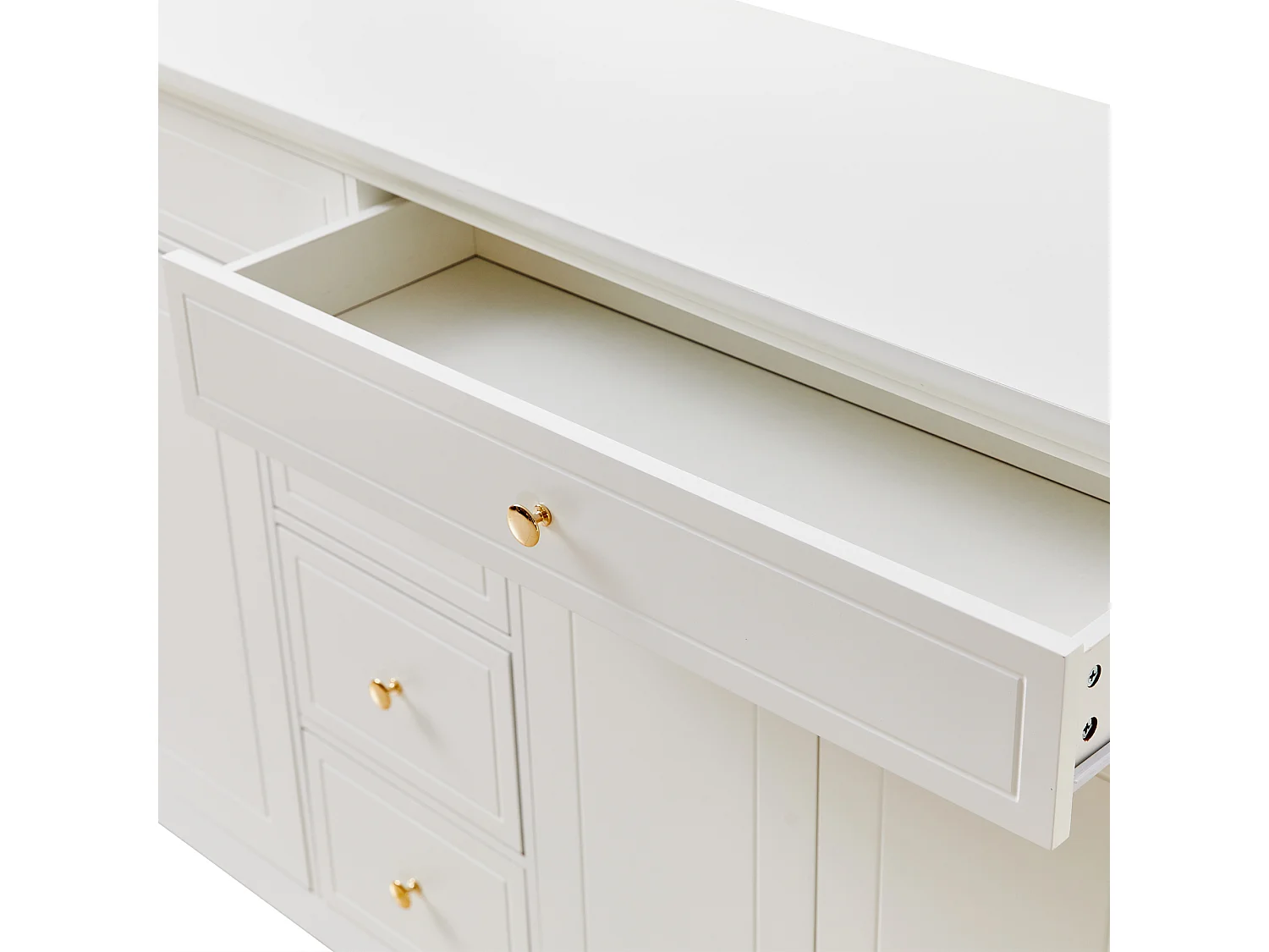 Buffet blanc avec 5 tiroirs et 4 portes, poignée ronde dorée 150x40x85cm