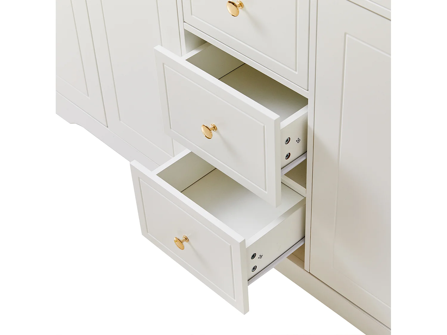 Buffet blanc avec 5 tiroirs et 4 portes, poignée ronde dorée 150x40x85cm