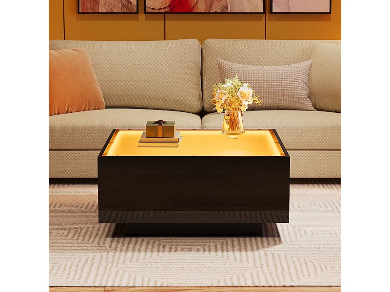 Tavolino nero con illuminazione a LED, piano in vetro 70x70x36cm