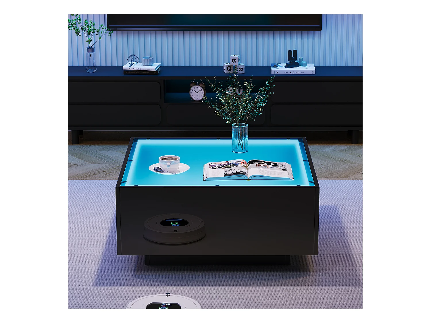 Table basse noire avec éclairage LED, plateau en verre 70x70x36cm