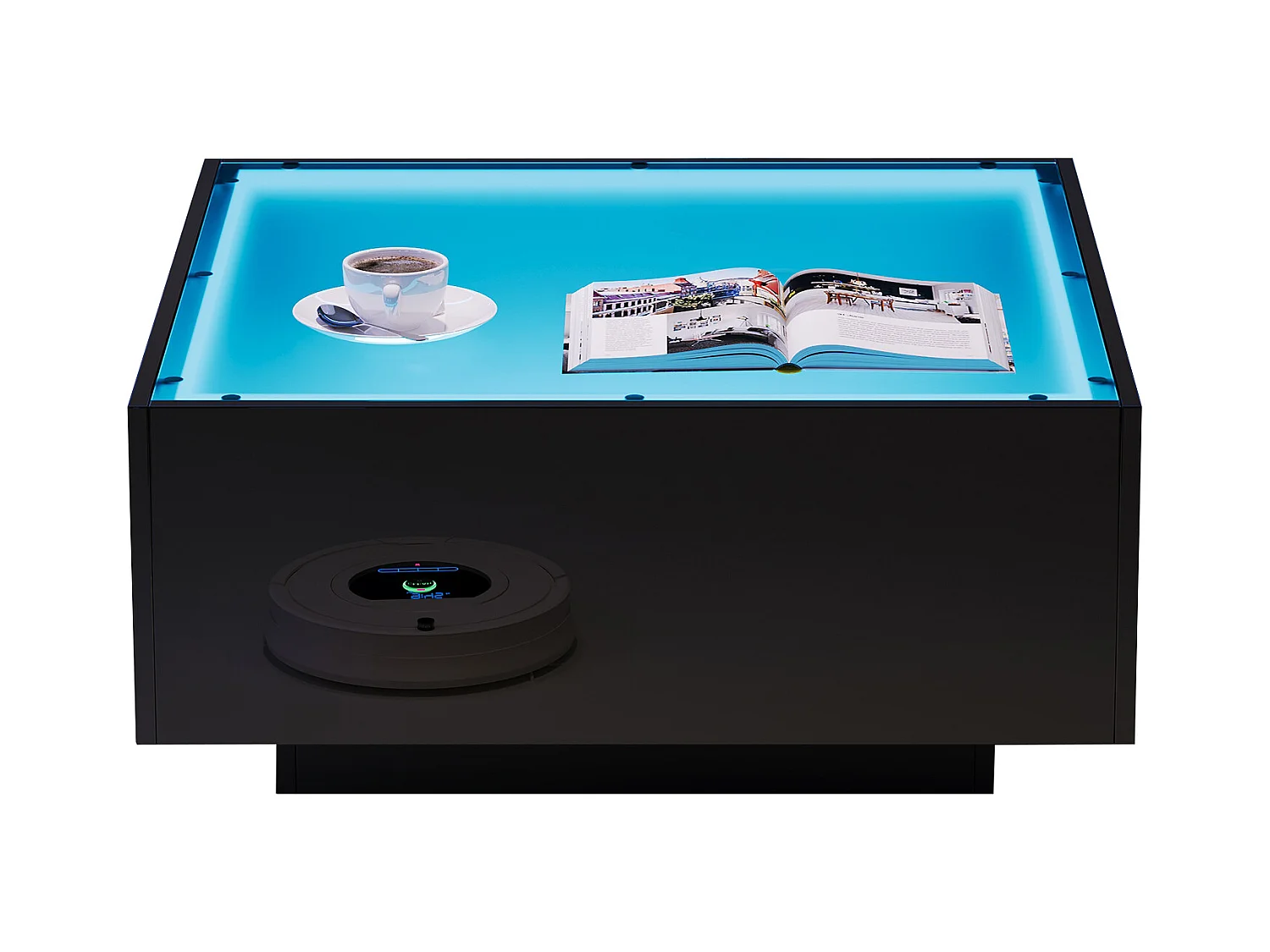 Table basse noire avec éclairage LED, plateau en verre 70x70x36cm