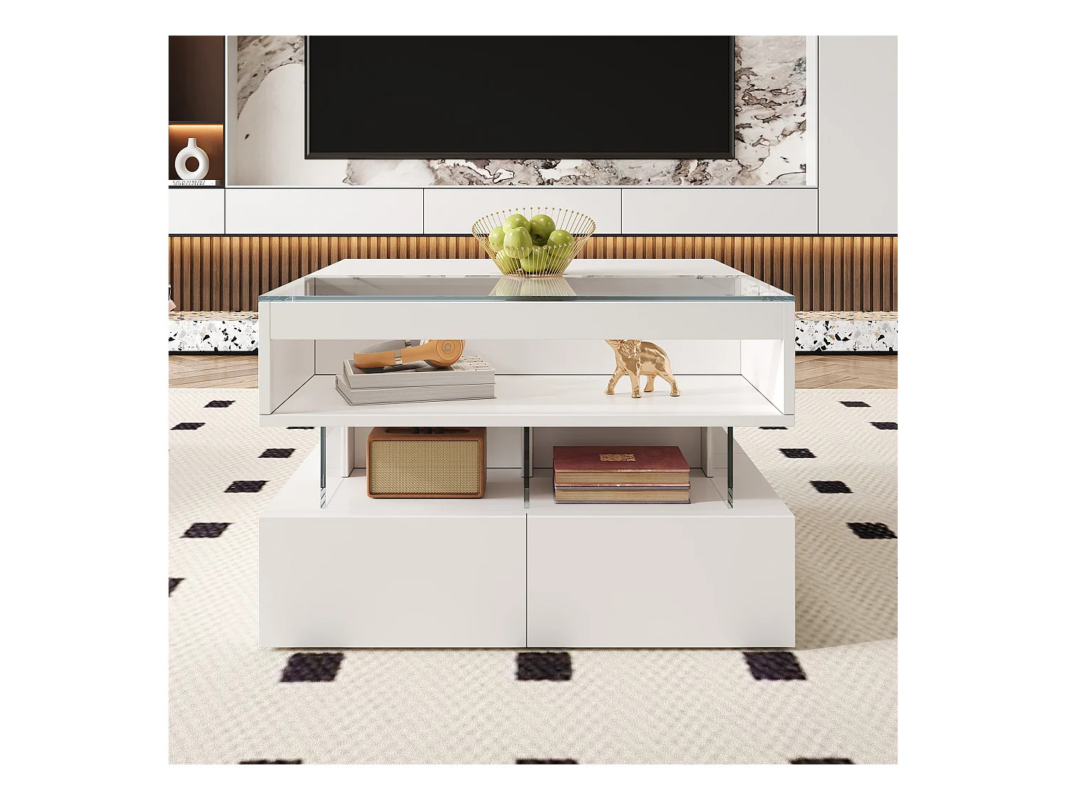 Table basse réglable en hauteur pour le salon avec éclairage 16 couleurs, plateau en verre et supports en acrylique.