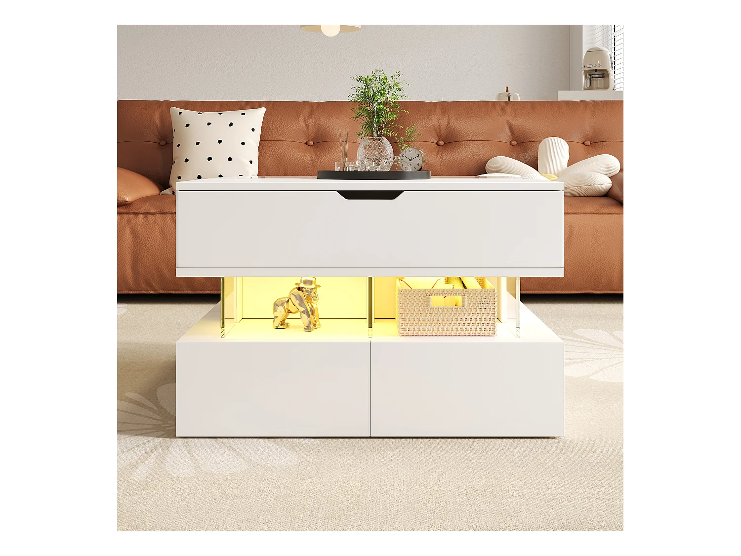 Table basse réglable en hauteur pour le salon avec éclairage 16 couleurs, plateau en verre et supports en acrylique.