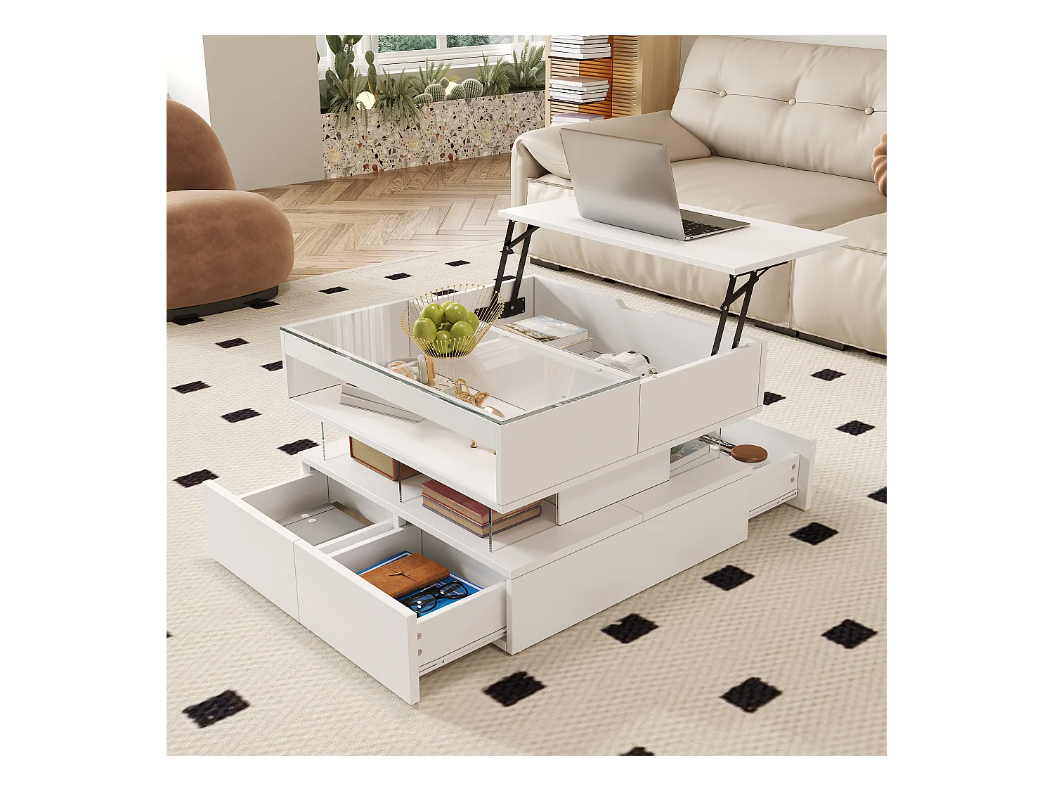 Table basse réglable en hauteur pour le salon avec éclairage 16 couleurs, plateau en verre et supports en acrylique.