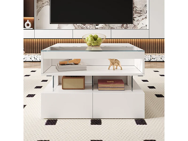 Table basse réglable en hauteur pour le salon avec éclairage 16 couleurs, plateau en verre et supports en acrylique.