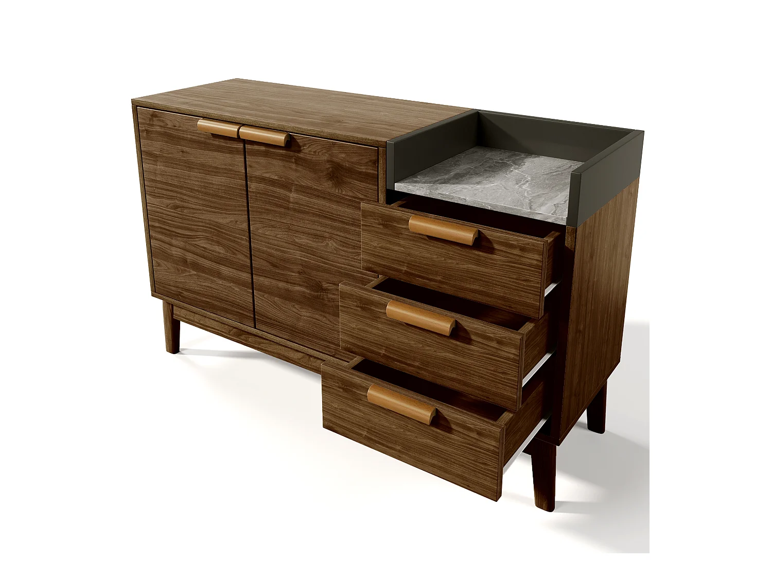 Buffet en bois foncé avec 3 tiroirs et 2 portes, plateau partiellement plaqué marbre 120x40x77cm