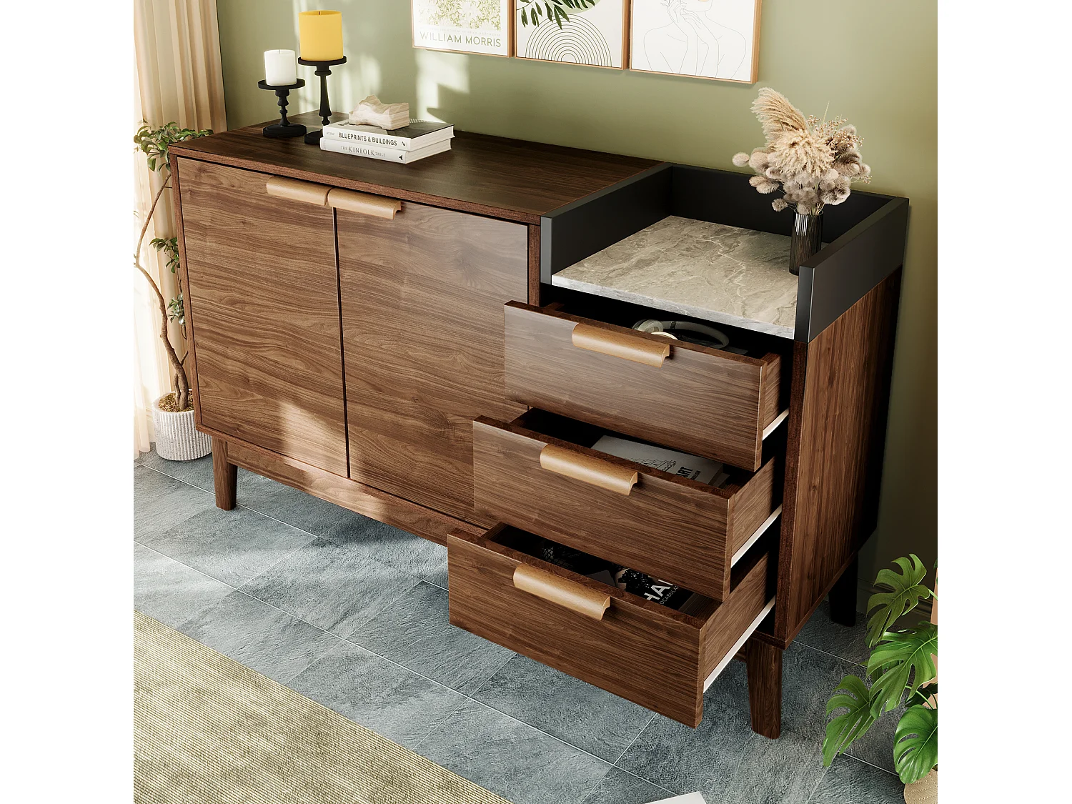 Donkerhouten dressoir met 3 laden en 2 deuren, gedeeltelijk marmeren gefineerd blad 120x40x77cm