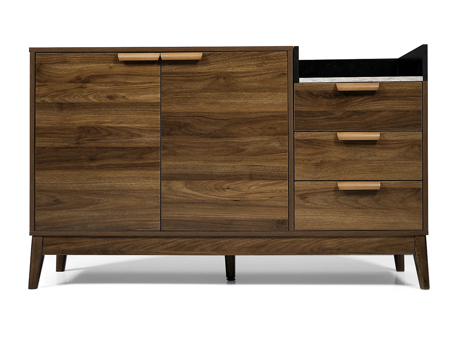 Donkerhouten dressoir met 3 laden en 2 deuren, gedeeltelijk marmeren gefineerd blad 120x40x77cm