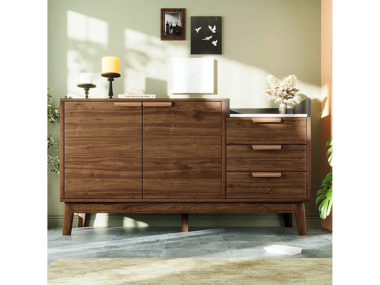 Donkerhouten dressoir met 3 laden en 2 deuren, gedeeltelijk marmeren gefineerd blad 120x40x77cm