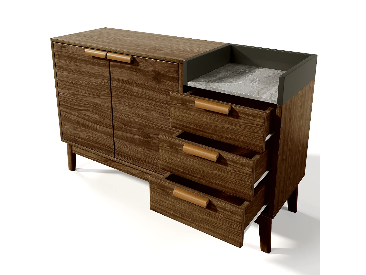 Donkerhouten dressoir met 3 laden en 2 deuren, gedeeltelijk marmeren gefineerd blad 120x40x77cm