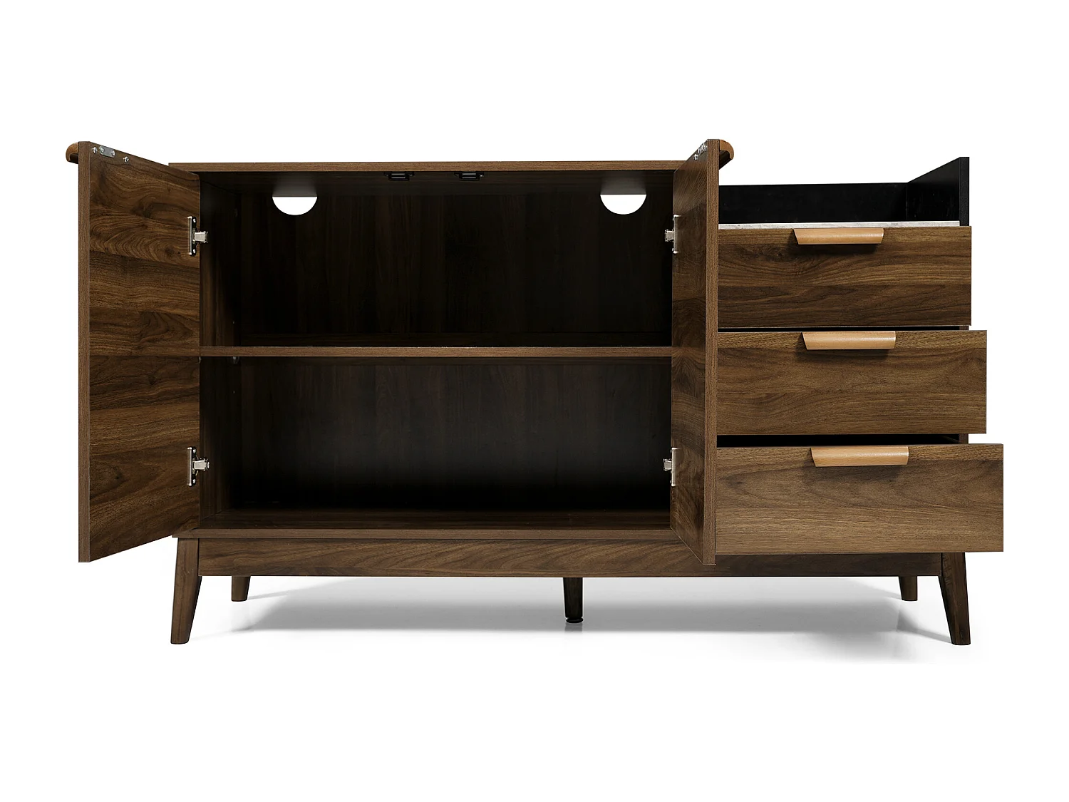 Donkerhouten dressoir met 3 laden en 2 deuren, gedeeltelijk marmeren gefineerd blad 120x40x77cm