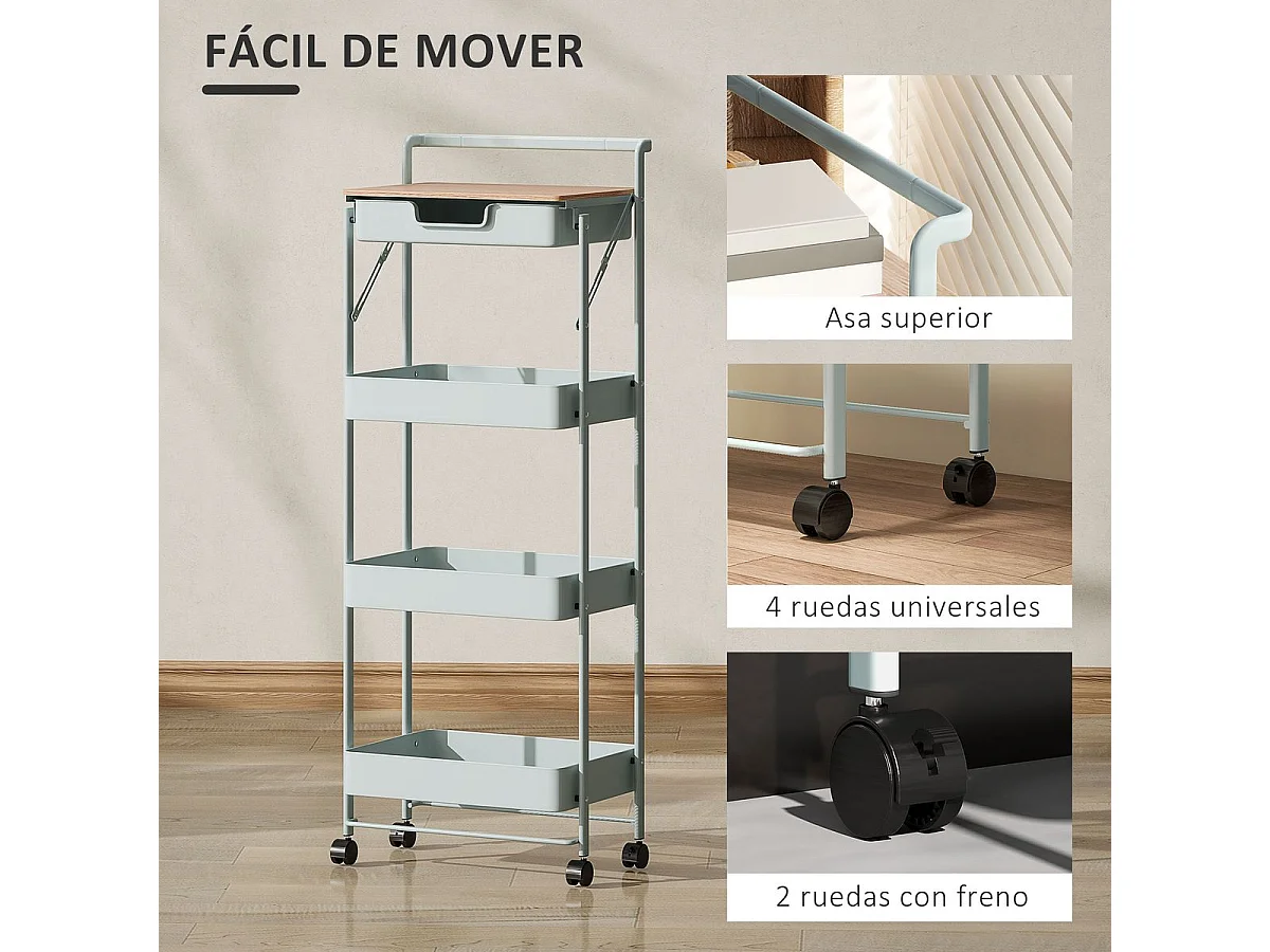 Carrito auxiliar Thila Homcom 3 estantes con cajón verde 117,5x45x29,5 cm