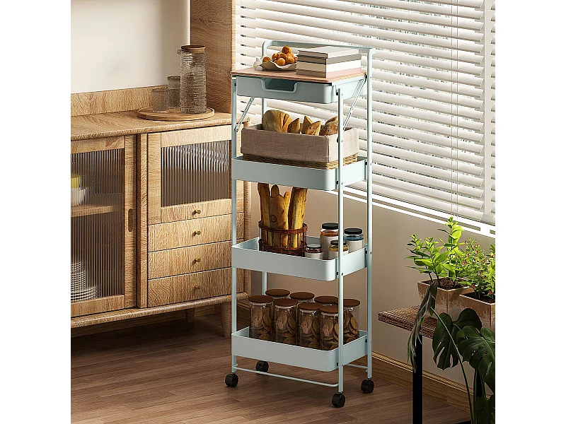 Carrito auxiliar Thila Homcom 3 estantes con cajón verde 117,5x45x29,5 cm