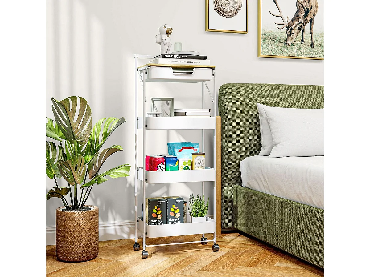 Carrito auxiliar Thila Homcom 3 estantes con cajón blanco 117,5x45x29,5 cm