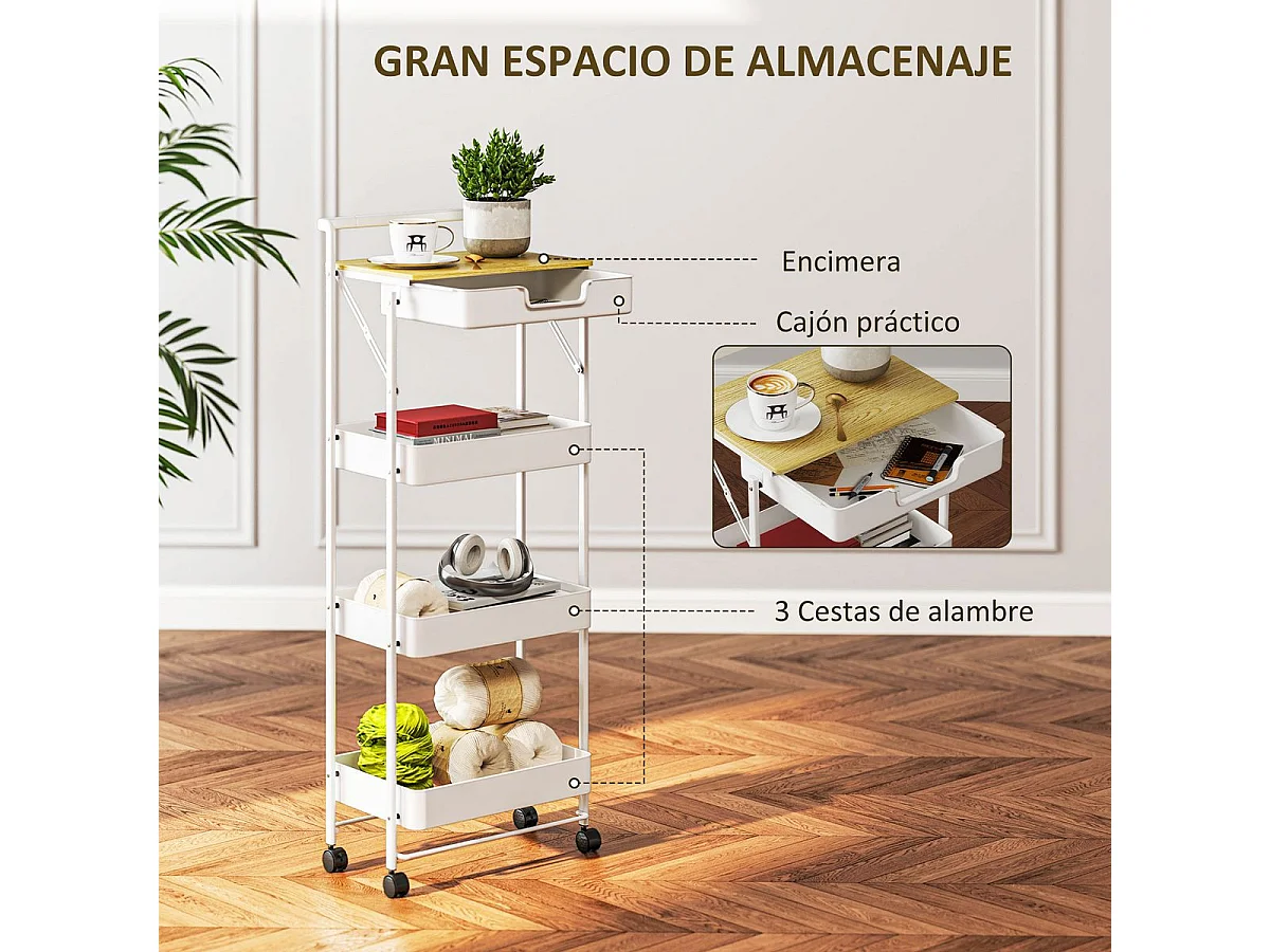 Carrito auxiliar Thila Homcom 3 estantes con cajón blanco 117,5x45x29,5 cm