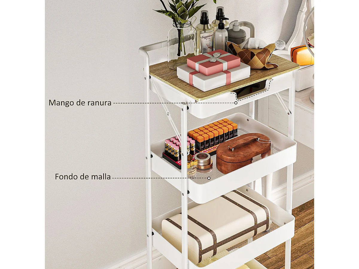 Carrito auxiliar Thila Homcom 3 estantes con cajón blanco 117,5x45x29,5 cm