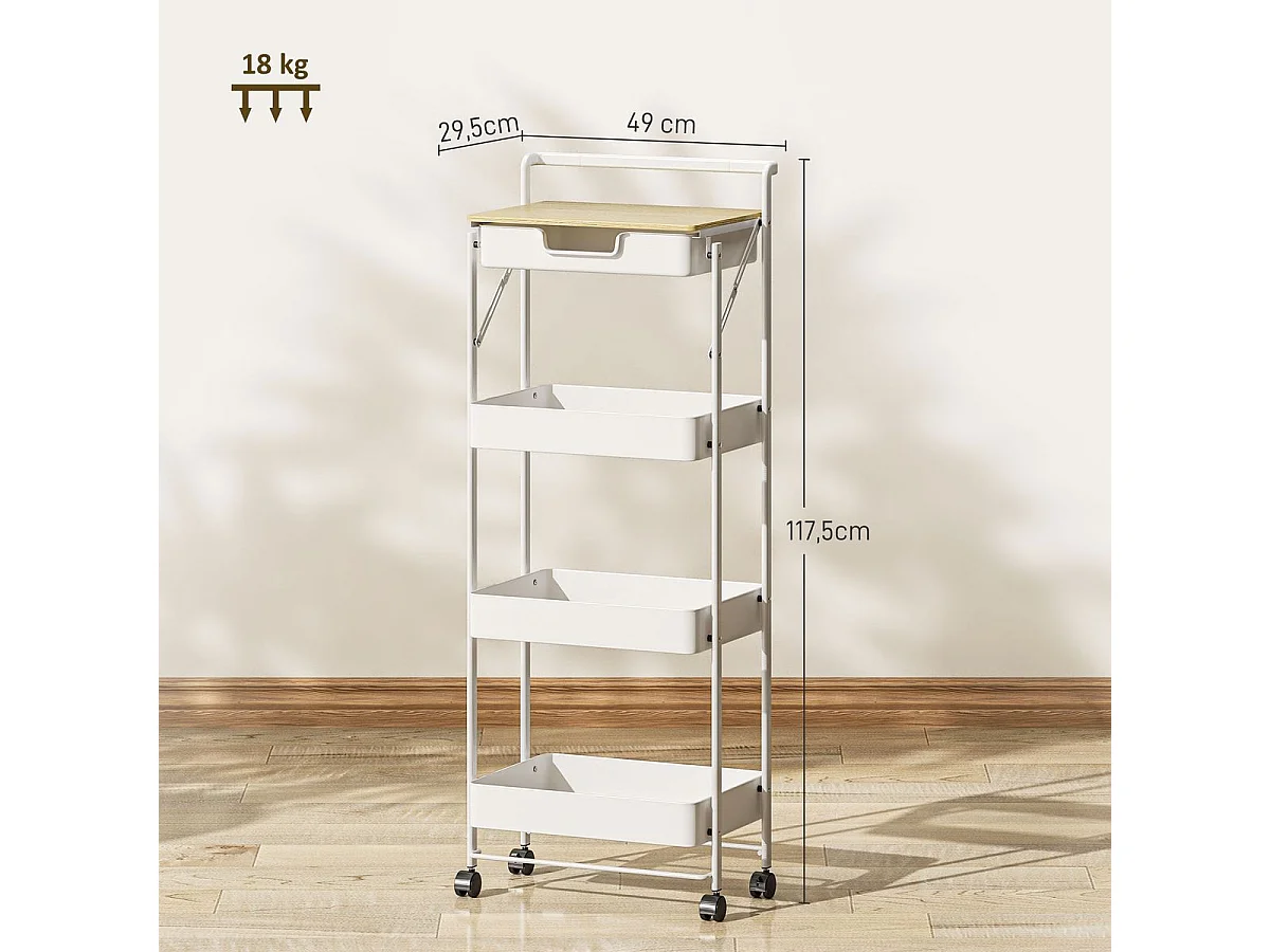 Carrito auxiliar Thila Homcom 3 estantes con cajón blanco 117,5x45x29,5 cm