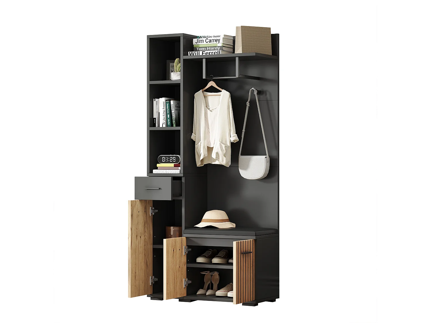 Zwarte en houten  kledingkast met 3 deuren, 1 lade en bank, meerlaagse opbergruimte 80x35x175cm