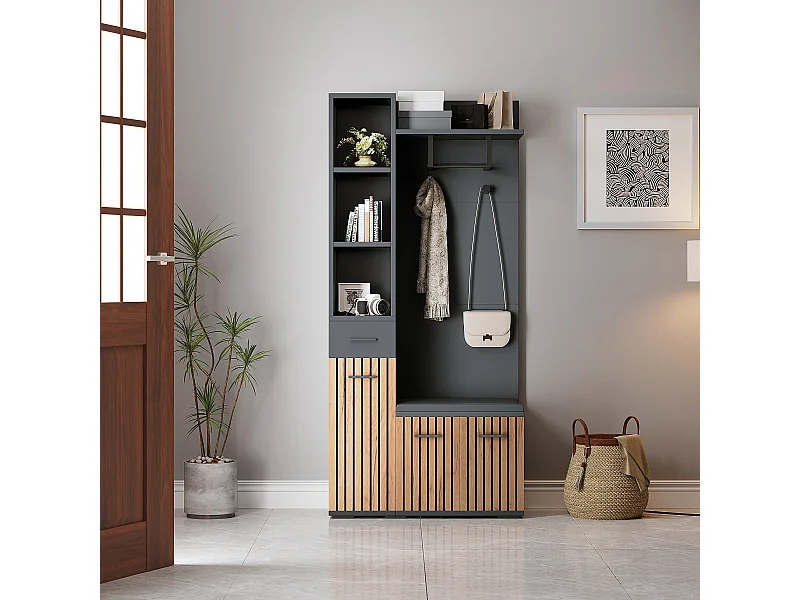 Zwarte en houten  kledingkast met 3 deuren, 1 lade en bank, meerlaagse opbergruimte 80x35x175cm