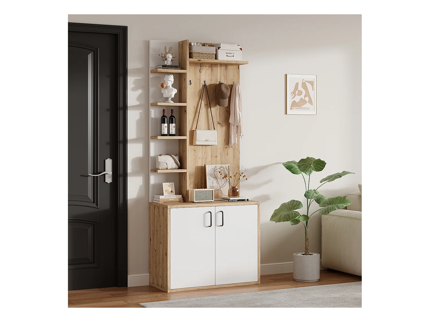 Armadio bianco e naturale con 2 ante, 5 ripiani e ganci, piano in legno venato 75x33x180cm