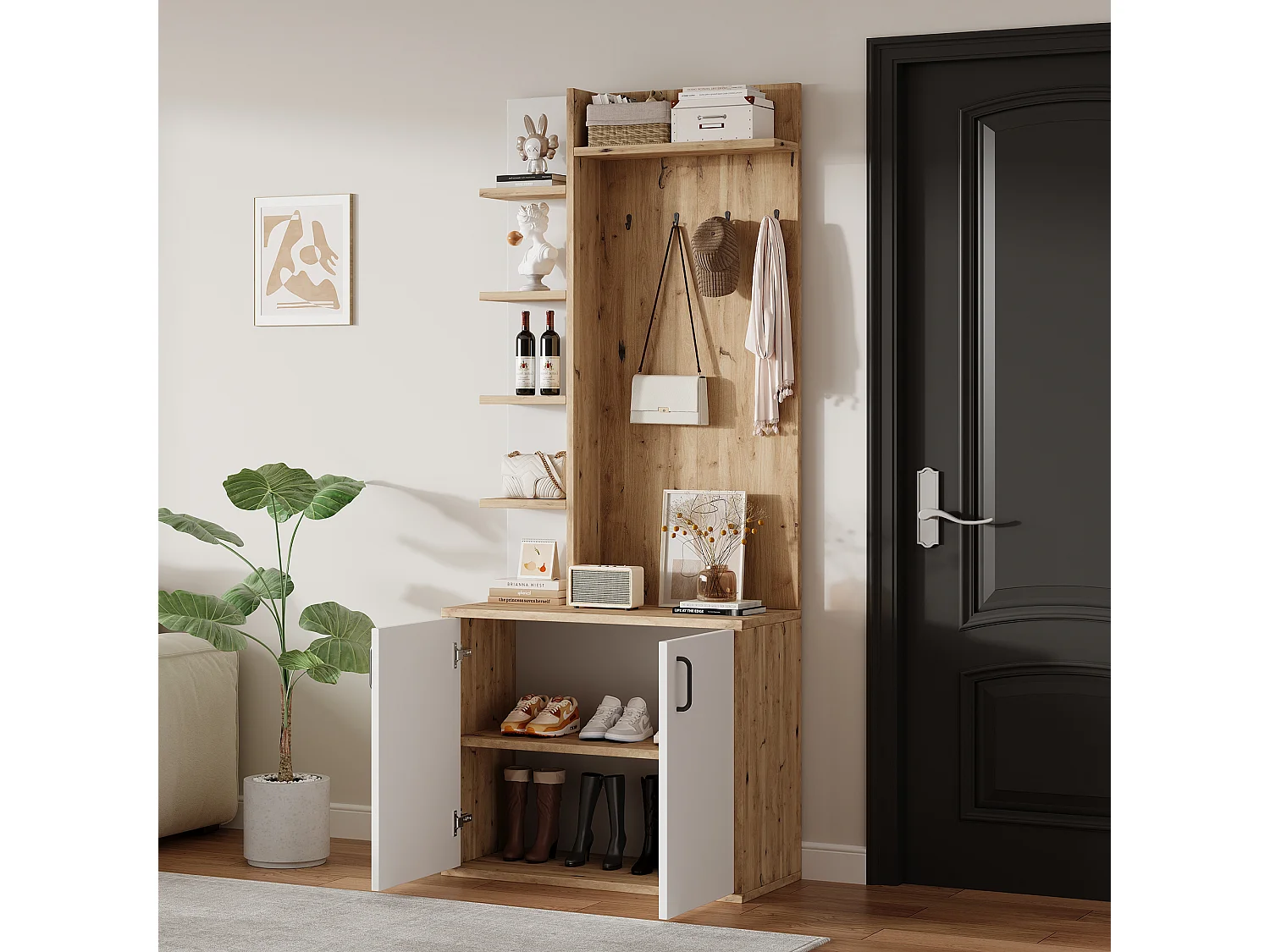 Vestiaire blanc et naturel avec 2 portes, 5 étagères et patères, plateau en bois veiné 75x33x180cm