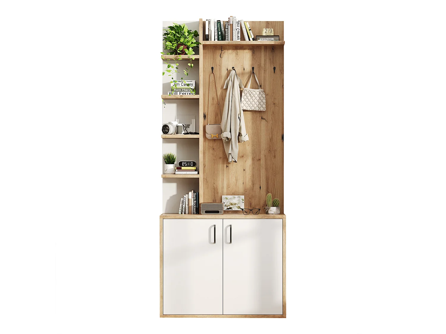 Vestiaire blanc et naturel avec 2 portes, 5 étagères et patères, plateau en bois veiné 75x33x180cm