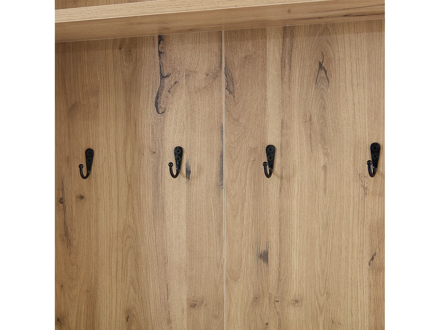 Vestiaire blanc et naturel avec 2 portes, 5 étagères et patères, plateau en bois veiné 75x33x180cm