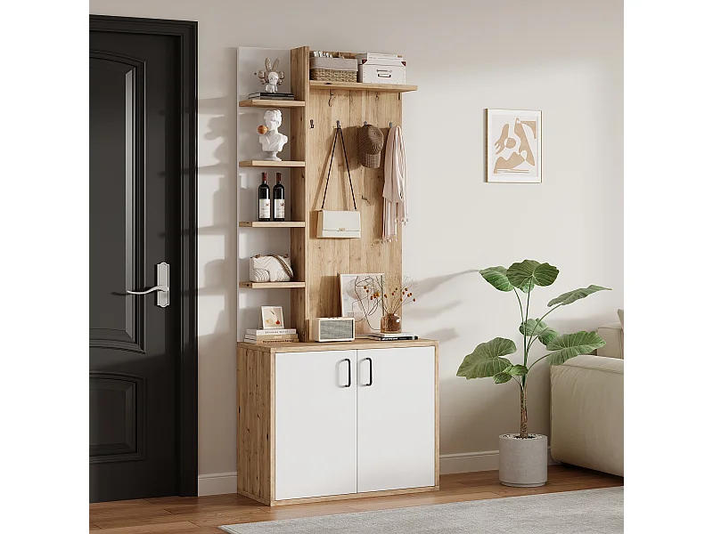 Vestiaire blanc et naturel avec 2 portes, 5 étagères et patères, plateau en bois veiné 75x33x180cm