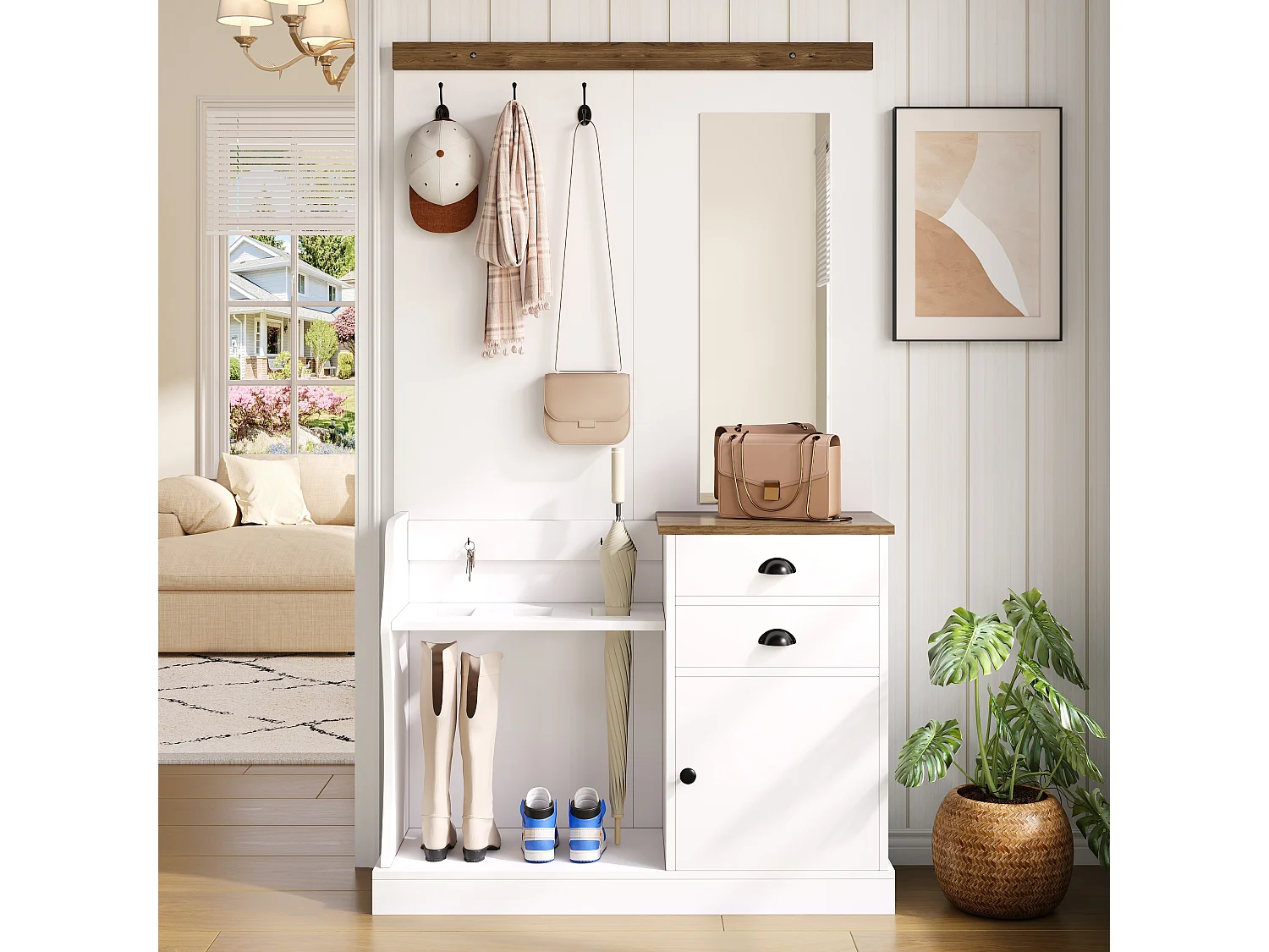 vestiaire moderne 110,5x38x191 avec miroir, patères, tiroirs et porte-parapluies,Panneaux de particules blanc