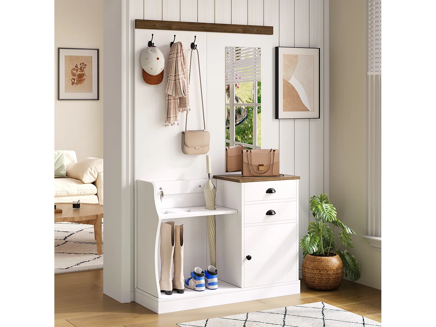 vestiaire moderne 110,5x38x191 avec miroir, patères, tiroirs et porte-parapluies,Panneaux de particules blanc