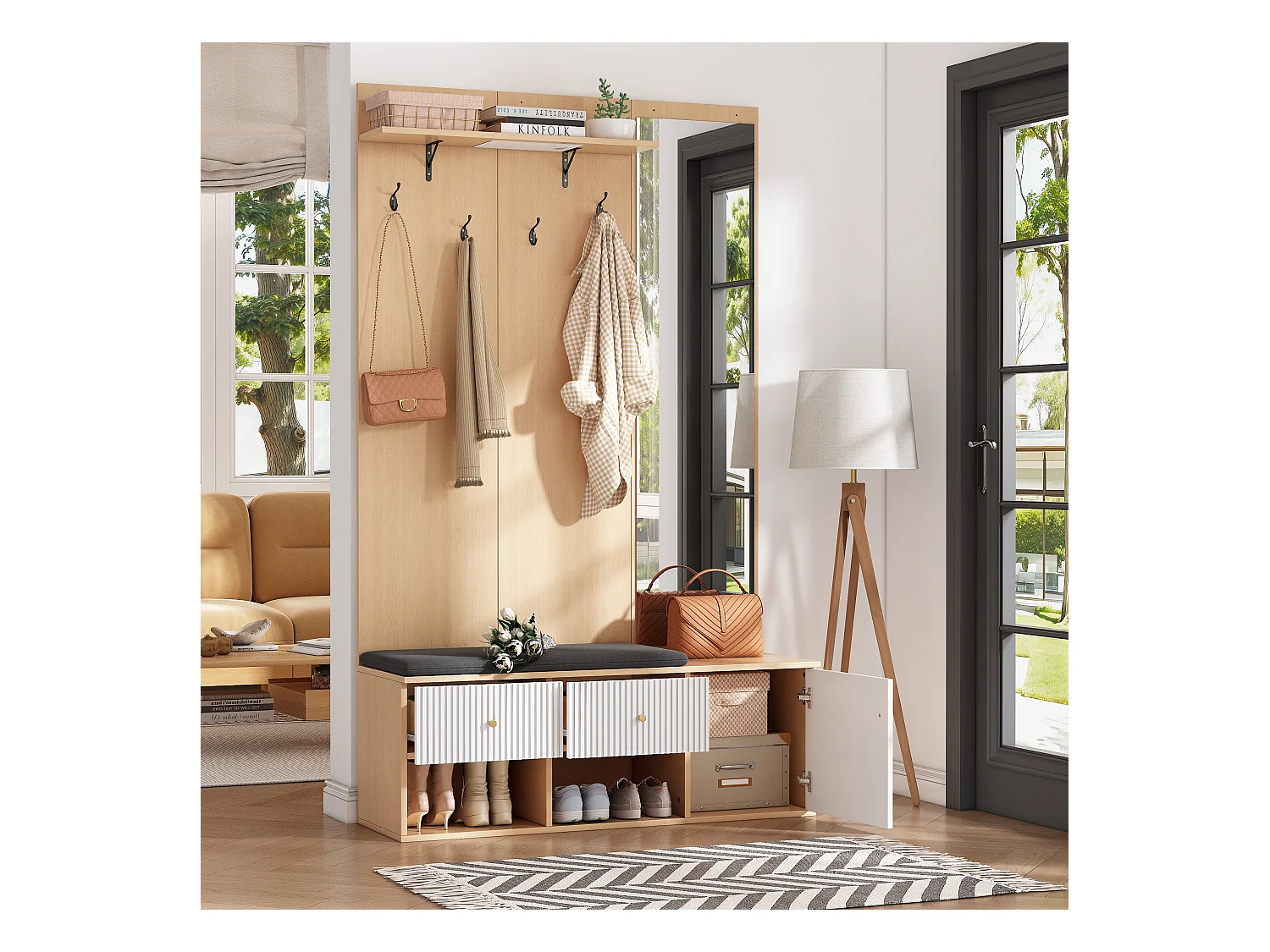 Vestiaire naturel et blanc avec 2 tiroirs, 1 porte , miroir, banc et coussins 120x40x200 cm
