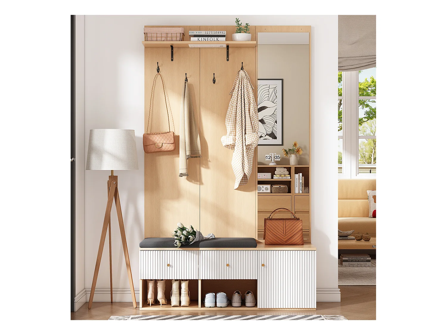 Vestiaire naturel et blanc avec 2 tiroirs, 1 porte , miroir, banc et coussins 120x40x200 cm