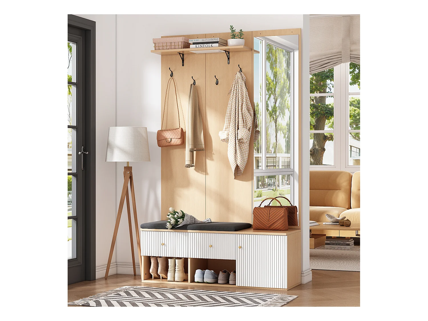 Vestiaire naturel et blanc avec 2 tiroirs, 1 porte , miroir, banc et coussins 120x40x200 cm