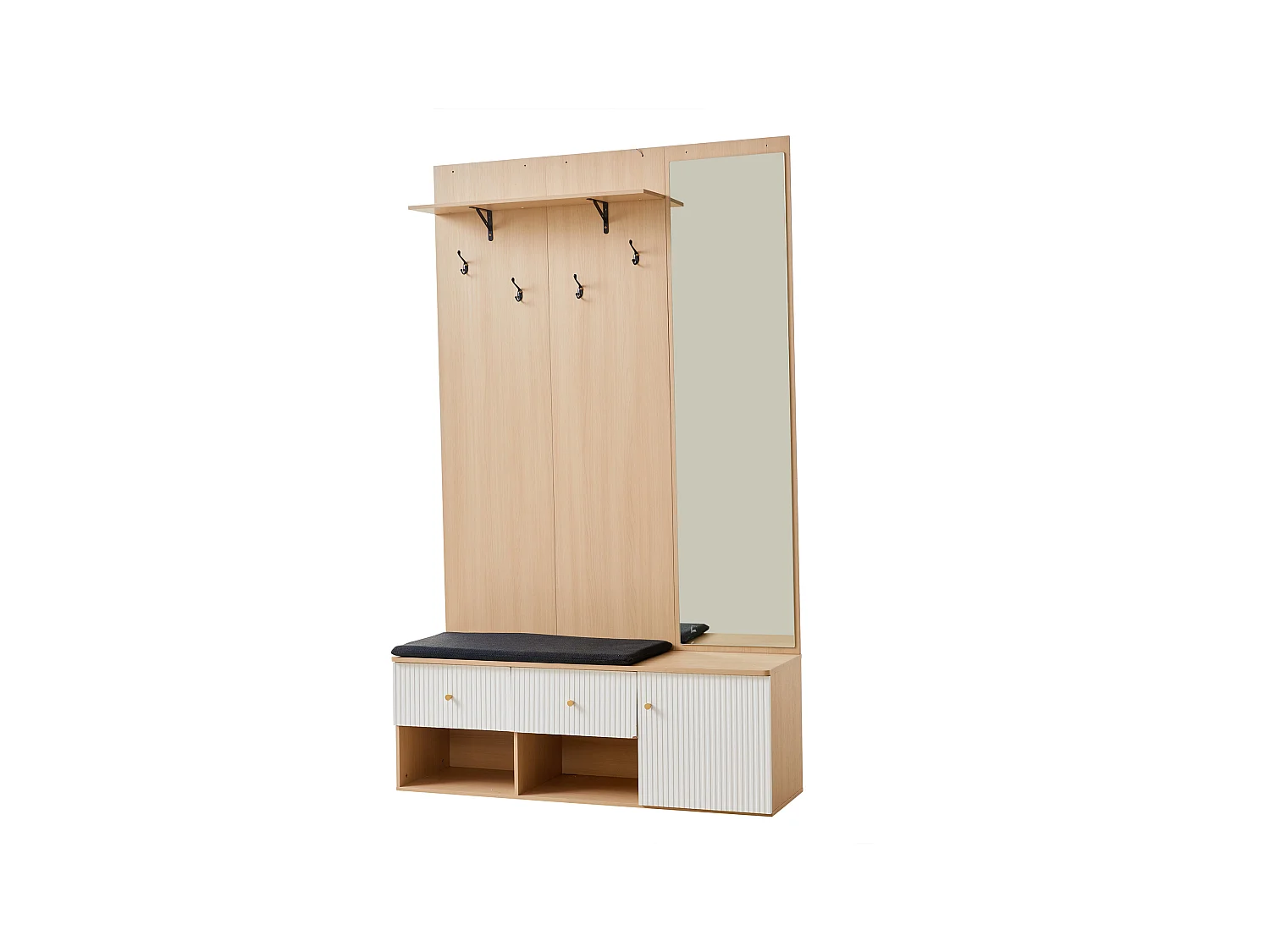 Vestiaire naturel et blanc avec 2 tiroirs, 1 porte , miroir, banc et coussins 120x40x200 cm