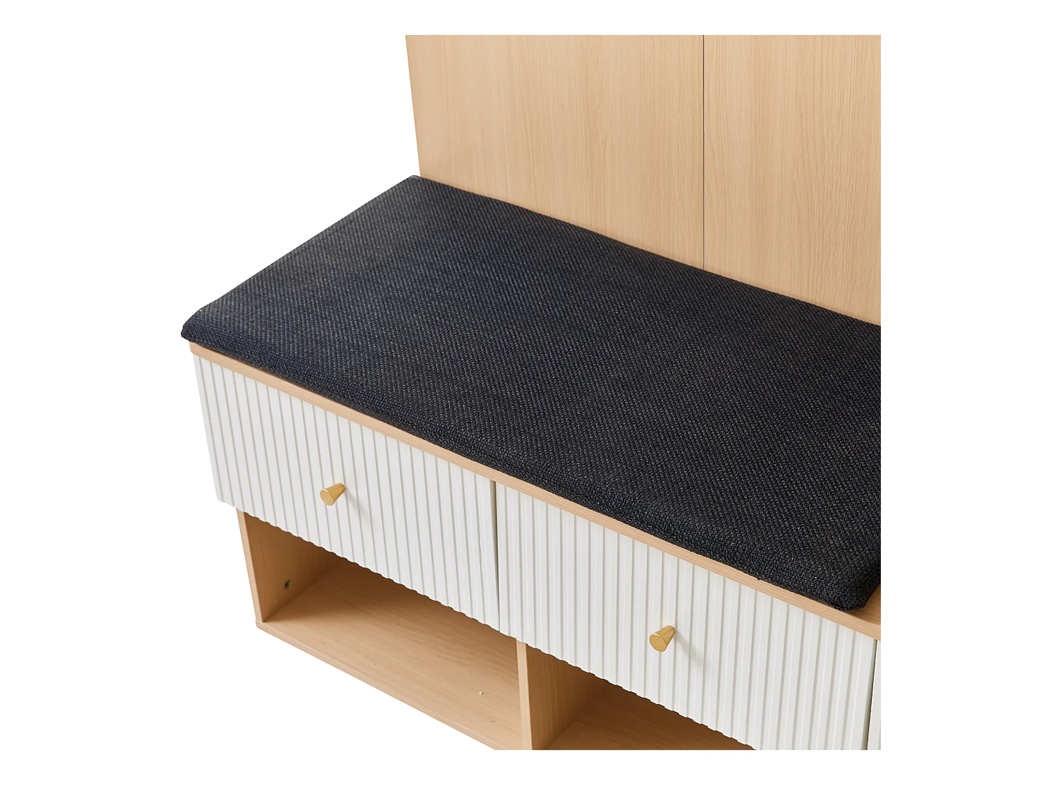 Vestiaire naturel et blanc avec 2 tiroirs, 1 porte , miroir, banc et coussins 120x40x200 cm